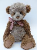 Charlie Bears Teddy Bear with brown and grey curly mohair, bow with bell,