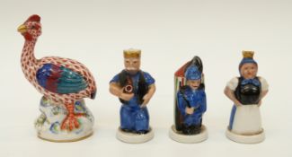 A Herend fishnet figure of a guinea fowl together with three Herend figures, a King,