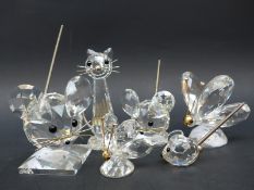 Six Swarovski Crystal animals comprising three mice, two butterflies and a cat,