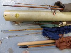 Vintage fishing rods including Hardy Glaskona, anonymous split cane and Greenheart fly rods,