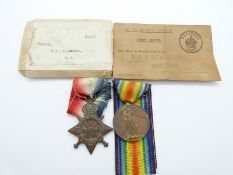 WWI medal pair comprising 1914 / 1915 Star and Victory medal named to 74354 Gunner H Leith Royal