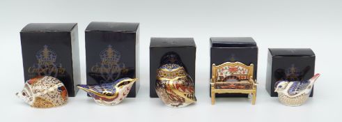 Five Royal Crown Derby paperweights in boxes comprising Hawthorn, Garden Bench, Nuthatch, Goldcrest,