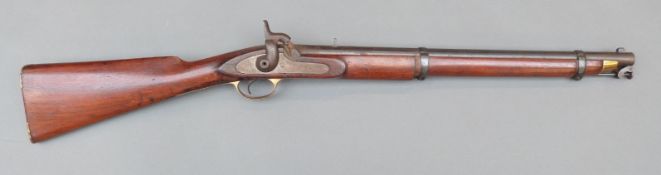 Enfield pattern 2 band percussion hammer action gun with lock stamped Tower and with crown cypher,