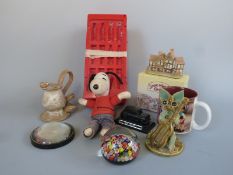 Coca-cola ice cube moulds, milleflori paperweight, studio pottery figures, Snoopy soft toy,