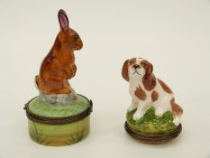 A Halcyon Days figural Cavalier King Charles spaniel pill box and a Limoges rabbit example
