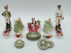Four figurines to include Royal Doulton Lydia and Fair Maiden, Napoleonic Soldiers, Wedgwood,