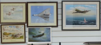 Four military aviation pictures and other loose examples, including watercolour of a V bomber by D.