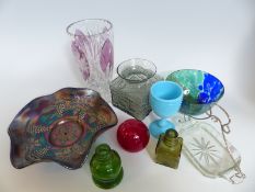 A collection of glass including Dartington midnight textured vase FT101, carnival glass,