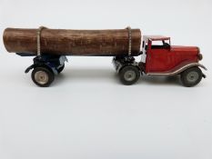 Tri-ang Minic clockwork tinplate Log Lorry with red cab,