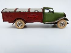 Tri-ang Minic clockwork tinplate Garbage Truck with green cab, red body, sliding doors,