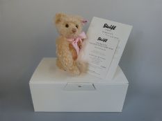 Steiff Teddy Bear Charlotte the Royal Baby with blonde mohair, blue ribbon, embroidered pad,