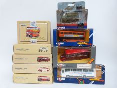 Nine Corgi diecast model buses and coaches including Public Transport, Commercials, WWI Centenary,