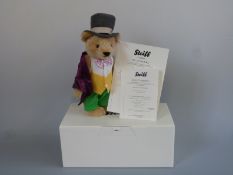 Steiff Teddy Bear Willy Wonka with blond mohair, purple coat, green trousers,