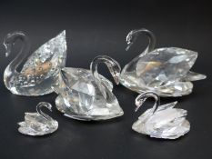 Five Swarovski Crystal swans, largest 7.