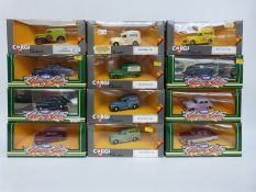 Twelve Corgi Classics and Corgi Classic Cars diecast model cars and Morris Minor vans,