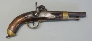 French percussion hammer action Dragoon type pistol with brass trigger guard, butt plate and mounts,