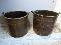Two riveted copper coal or log buckets,