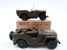 Two Tri-ang Minic clockwork tinplate Military Jeep No 1, both with brown bodies and USA markings,