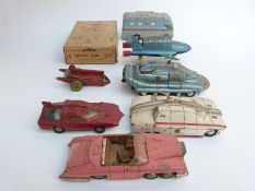 Seven Dinky Toys and Supertoys diecast model vehicles including Lady Penelope's FAB 1, Thuderbird,
