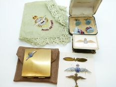 Three RAF and similar sweetheart brooches, RAF compact, cufflinks,