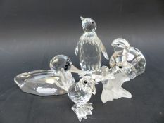 Five Swarovski Crystal animals comprising a penguin, mallard duck, partridge,