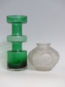 An Art Deco style frosted glass vase together with a vintage green Scandinavian style vase,