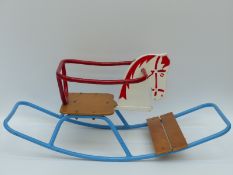 A metal framed wooden rocking horse/ chair, 84cm long.