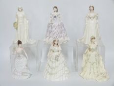 Five Coalport figurines Queen Victoria, Princess Alexandra, Queen Elizabeth and Lillie Langtry,