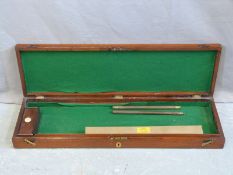 Mahogany muzzle loading gun case with brass lock escutcheon, baize lined interior,