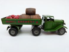 Tri-ang Minic clockwork tinplate Minic Brewery Delivery Truck with green cab and body,