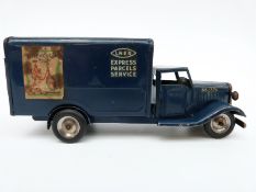 Tri-ang Minic clockwork tinplate LNER Express Parcels Service Delivery Lorry with blue cab and body,