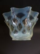 A Victorian vaseline glass light shade with crimped and crosshatched design,