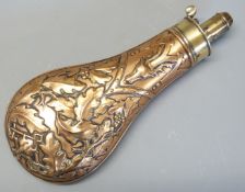 G & J W Hawksley copper and brass powder flask with embossed decoration of fox and deer masks