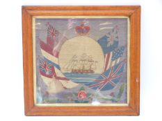 Victorian wool picture of a naval ship surrounded by flags, 40x42cm,