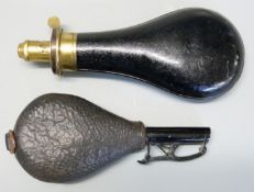 James Dixon & Sons Sheffield brass and painted powder flask and a leather shot flask,