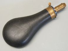 James Dixon & Sons for Parker Hale Ltd brass and leather covered metal powder flask, 20cm long.