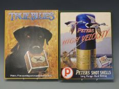 Two Peter's shotgun cartridge advertising/ shop display signs 'True Blues' and 'High Velocity,