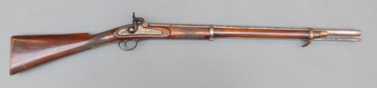 Enfield pattern 2-band percussion hammer action gun with lock stamped Tower and with crown cypher,