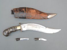 Kukri knife with brass guard and decoration to blade,