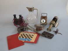 A vintage travelling chess set, hallmarked silver mounted purse, fold out Busch Winette binoculars,