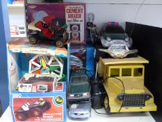 A collection of large scale remote controlled and similar vehicles including a cement mixer etc,