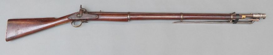 Indian Army Enfield pattern 3-band percussion hammer action musket with lock stamped with crown and