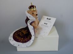 Steiff Teddy Bear Queen Elizabeth II Coronation with blonde mohair, cape, crown and jointed limbs,