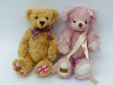 Two Merrythought Teddy bears, one with caramel mohair, growler, Union Jack pads and jointed limbs,