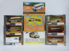 Nine Corgi Classics diecast model buses including Bedford Type OB Coach Royal Blue,