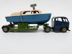 Tri-ang Minic clockwork tinplate Flatbed Lorry with blue cab and green trailer,