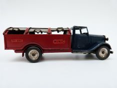 Tri-ang Minic clockwork tinplate Garbage Truck with blue cab, red body,