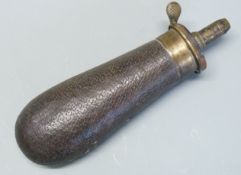Sykes leather covered metal and brass powder flask, 18cm long.