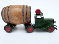 Tri-ang Minic clockwork tinplate Watneys Ale Delivery Lorry with green cab, red hubs,