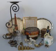 Two silver plate trays, a turned wooden bowl, sconce, brass weights,